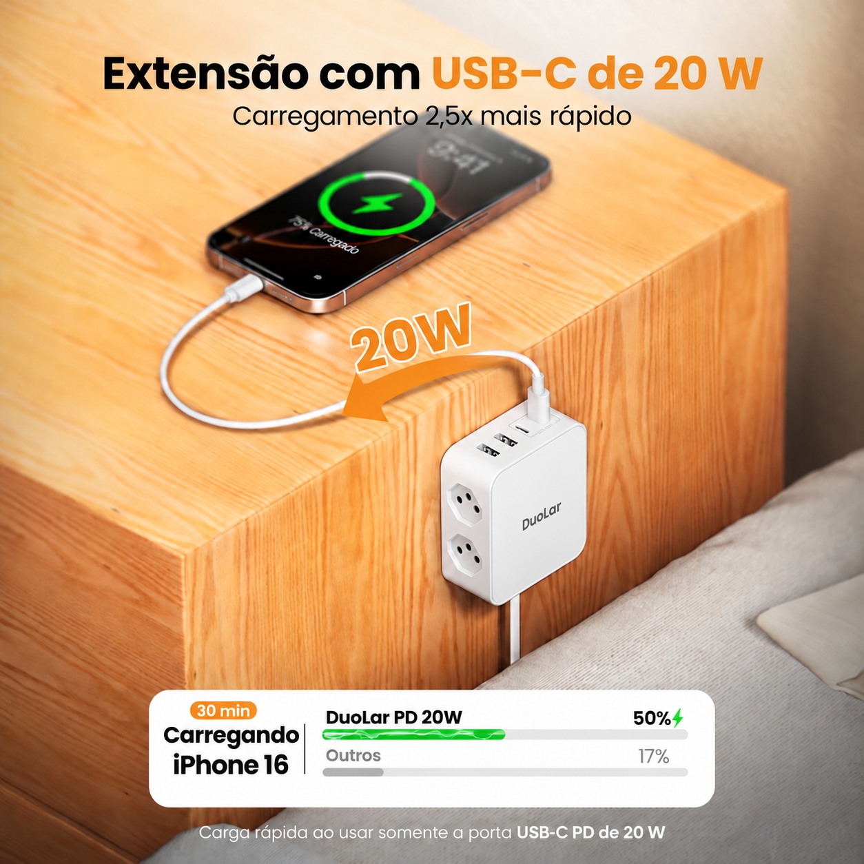 Carregamento rápido com USB-C de 20 W