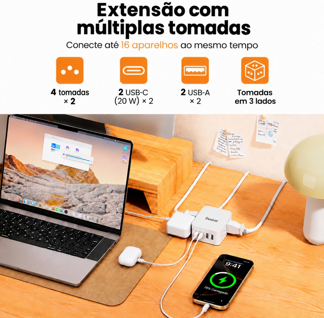 Até 16 conexões entre tomadas e portas USB